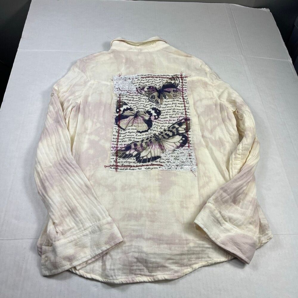 Bolufe Patchwork Button Down Shirt Tie Dye Boho Casual Long Sleeve Top M USA